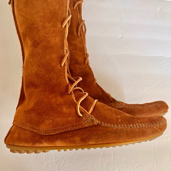 Minnetonka Suede Moccasins Lace-Up Fringe Knee High Boots Women’s size 8 - Picture 9 of 13